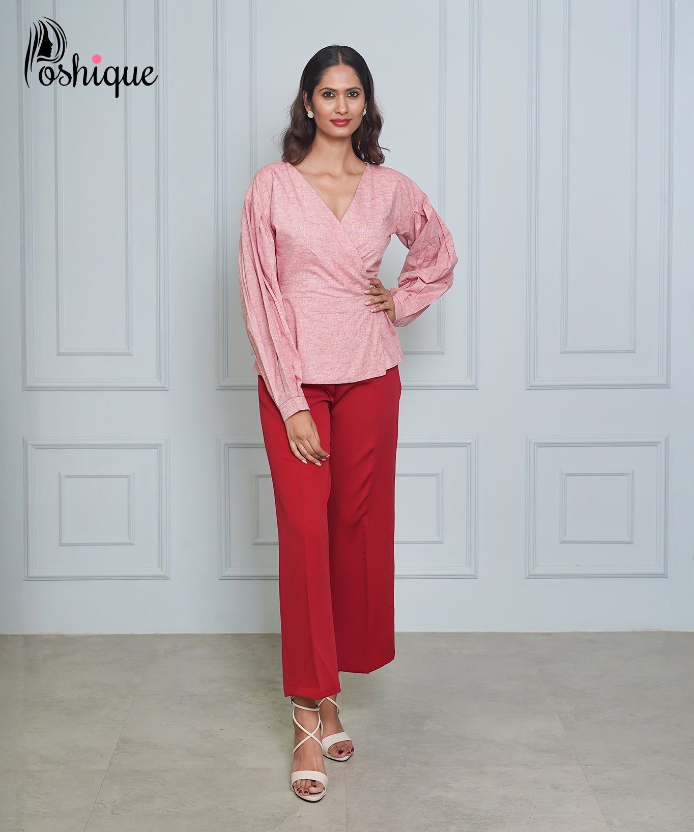 Poshique Maroon High-Waisted Straight-Leg Trousers